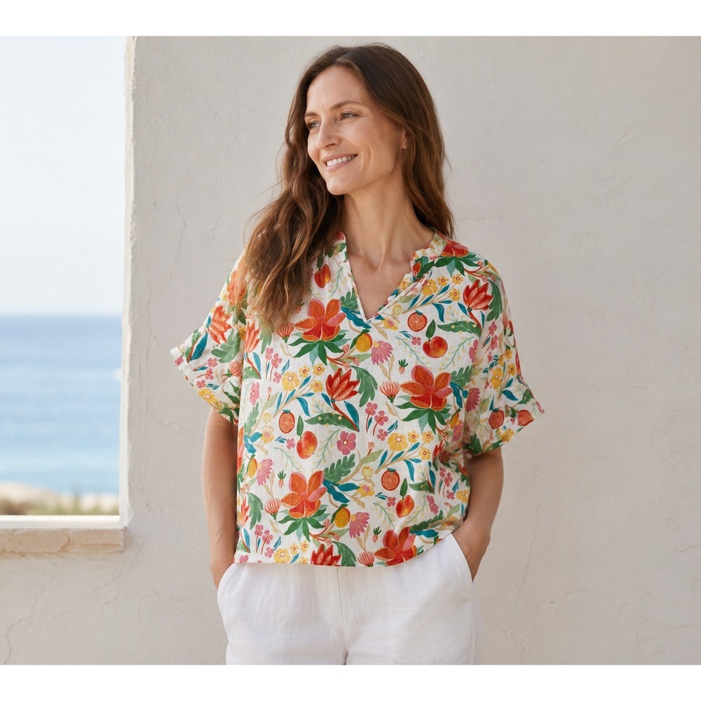 C&C California Linen Blend Blouse Top Sz XL Floral Boxy‎ Bright Coastal Beach